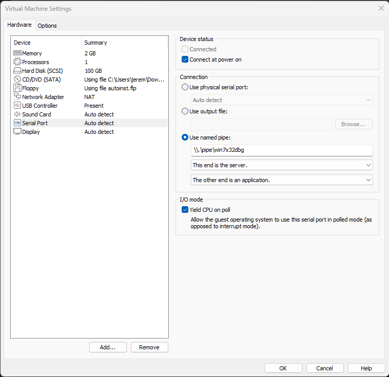 VMware Serial Settings