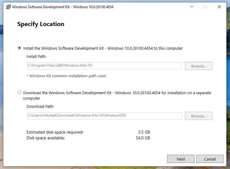 Install SDK location screenshot