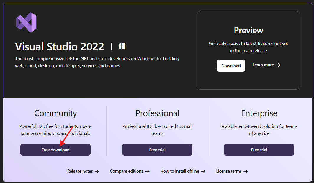 Visual Studio Download page