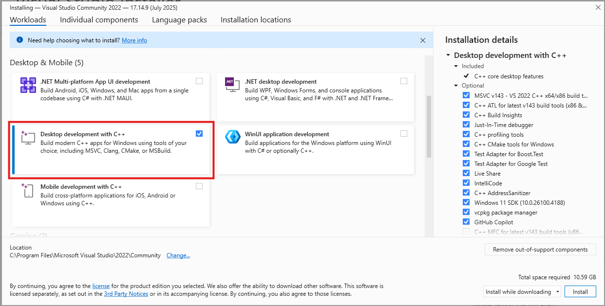VS installer desktop development workload